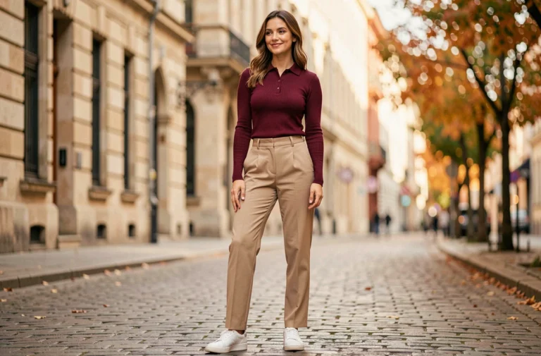 Femme portant un polo manches longues bordeaux avec un pantalon beige taille haute dans une rue pavée en automne