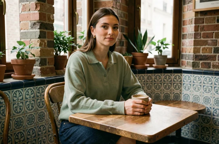 Femme en polo manches longues vert sauge dans un café parisien avec jupe en jean midi et bottines