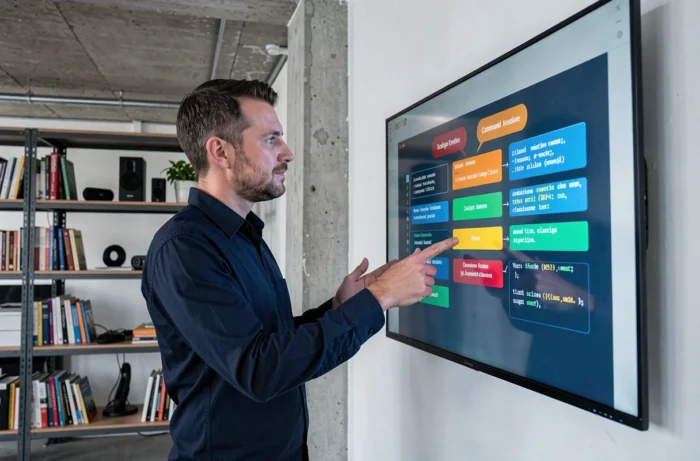 Homme présentant une comparaison visuelle entre interface GUI et interface en ligne de commande sur un écran interactif