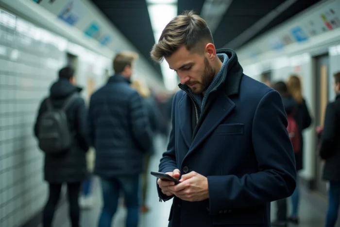 Homme consultant les options d'abonnement Duolingo sur smartphone dans le métro