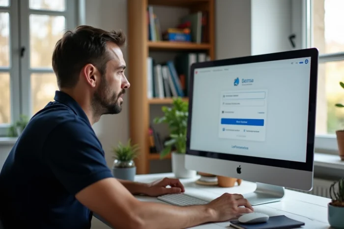 Professeur accédant à ses services administratifs en ligne depuis un bureau à domicile