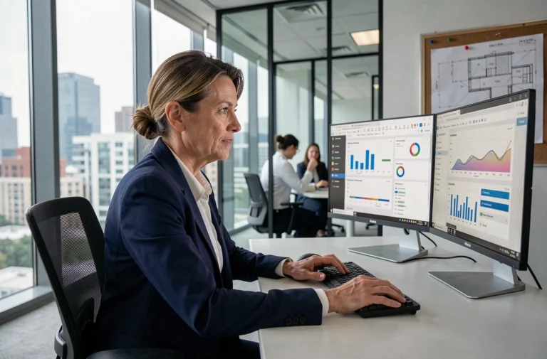 Promotrice immobilière analysant un logiciel de gestion immobilière sur ordinateur dans un bureau moderne