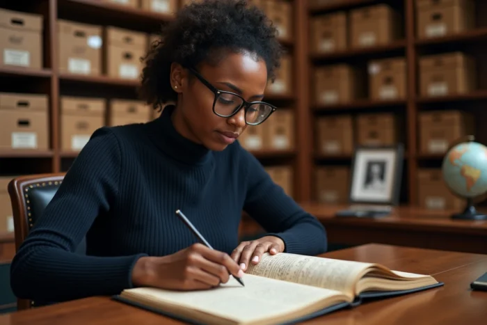 Femme consultant un registre généalogique dans une bibliothèque universitaire, symbolisant la recherche des origines d'Elyorissa Makanga