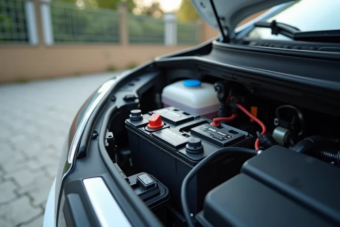 Remplacement de la batterie 12V dans le compartiment moteur d'une Peugeot 208 avec reconnexion des bornes