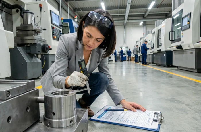 Responsable qualité inspectant une pièce usinée avec un pied à coulisse lors d'un audit de processus industriel