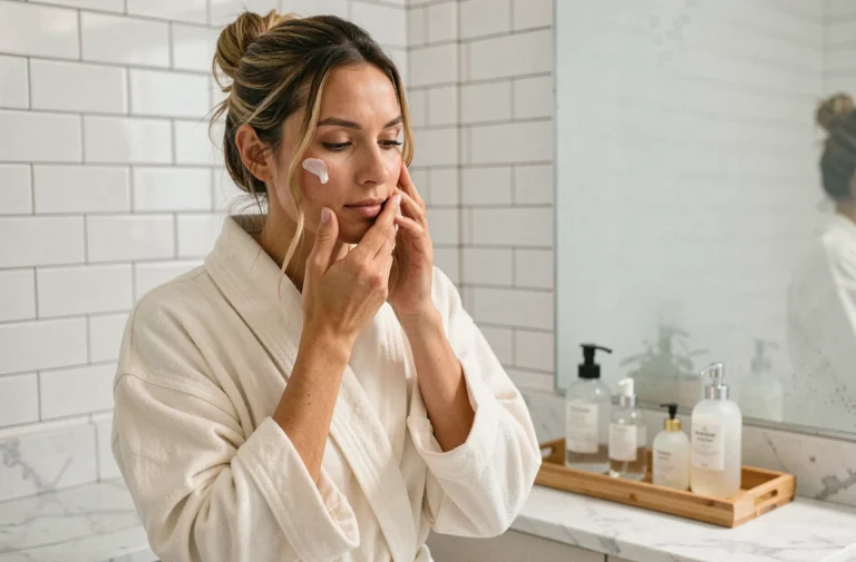 Femme appliquant sa crème hydratante dans une salle de bain au style épuré, routine beauté du matin