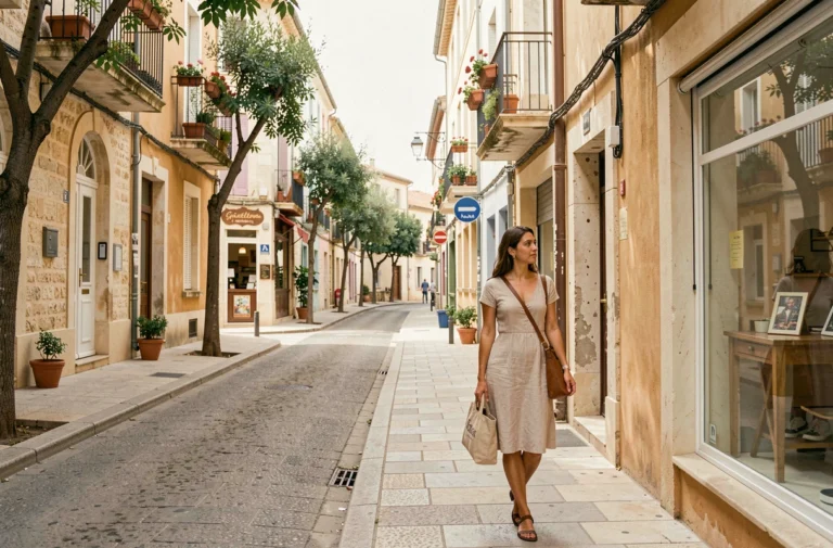 Rue piétonne animée du quartier des Grisettes à Montpellier avec des façades en calcaire et une femme se promenant le long des commerces locaux
