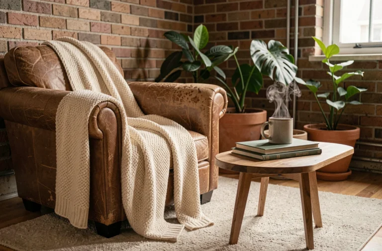 Coin salon chaleureux avec fauteuil en cuir, plaid en tricot crème et plantes en pot dans une ambiance terracotta