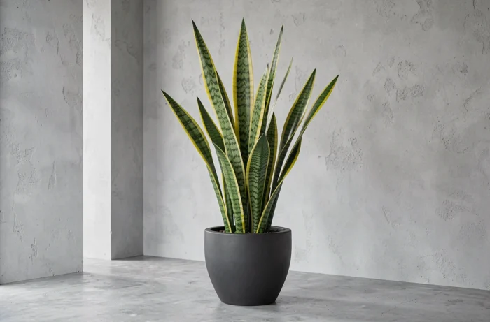 Sansevieria aux feuilles rayées vert et jaune dans un pot en céramique mate sombre posé sur sol béton dans un intérieur contemporain minimaliste