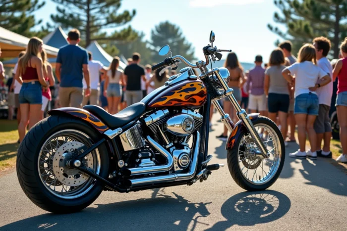 Moto custom chromée exposée au show bike de Montalivet avec des visiteurs admiratifs autour