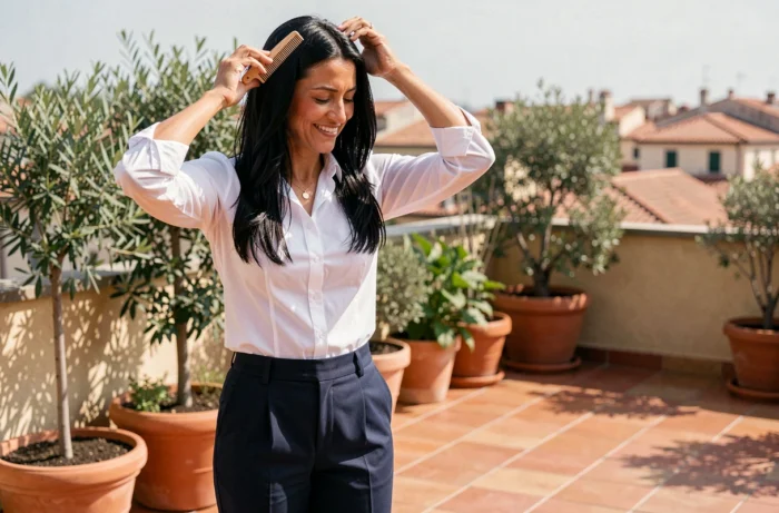 Femme prenant soin de ses cheveux sur une terrasse urbaine ensoleillée, beauté naturelle au quotidien