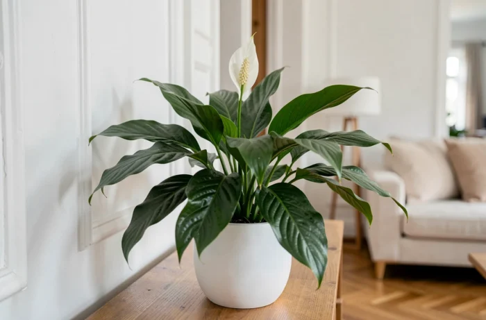 Spathiphyllum avec fleur blanche dans un cache-pot en céramique blanc posé sur une console en bois dans un intérieur élégant et lumineux