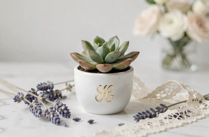 Petite succulente dans un mini pot en céramique blanche avec monogramme doré, présentée comme bombonnière végétale sur marbre avec ruban en dentelle