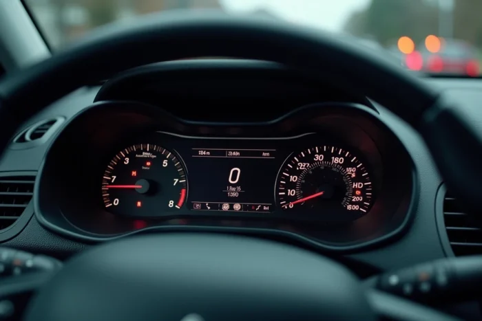 Tableau de bord numérique d'une Peugeot 208 avec voyants et compteur de vitesse visibles après reprogrammation