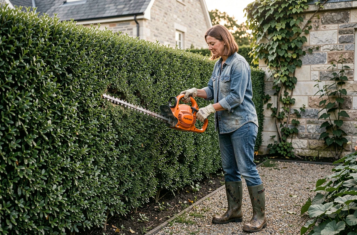 Femme utilisant un taille-haie sans fil Parkside pour tailler une haie de buis dans un jardin