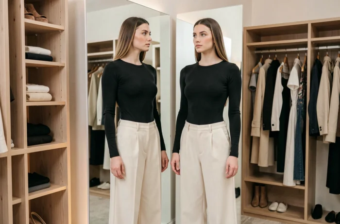 Femme grande et mince en dressing parisien face à un miroir illustrant la taille et les mensurations d'une personnalité féminine française