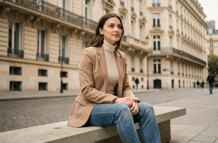 Jeune femme élégante aux proportions harmonieuses assise en extérieur urbain parisien pour illustrer taille et mensurations
