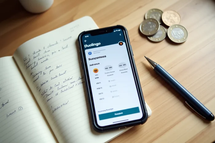 Vue de dessus des différentes formules et tarifs d'abonnement Duolingo sur un smartphone avec des notes de budget manuscrites
