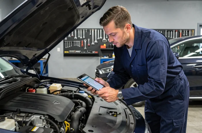 Technicien automobile utilisant une tablette de diagnostic numérique pour optimiser les performances d'un moteur moderne dans un atelier professionnel