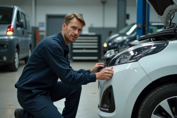 Technicien automobile connectant un outil de diagnostic OBD sur une Peugeot 208 dans un garage professionnel