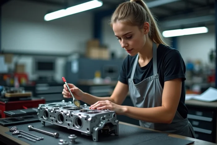 Technicienne automobile appliquant un joint de culasse lors d'une réparation moteur