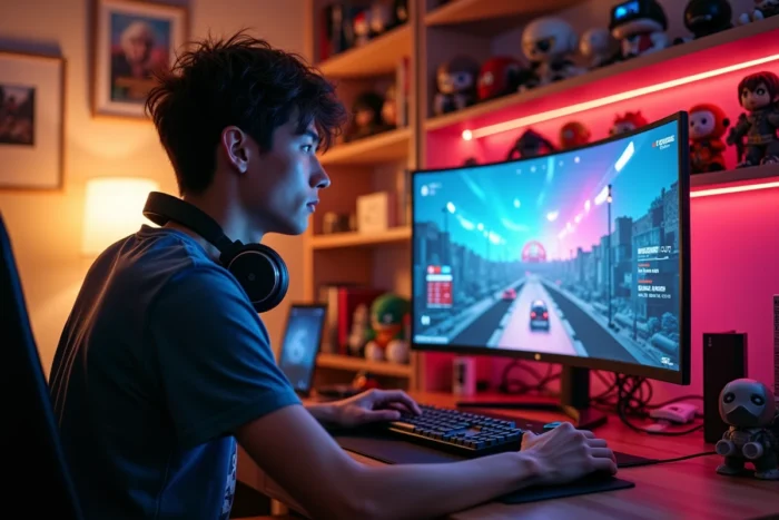 Jeune homme geek dans son appartement entouré de figurines de collection et de mangas devant un écran de jeu vidéo