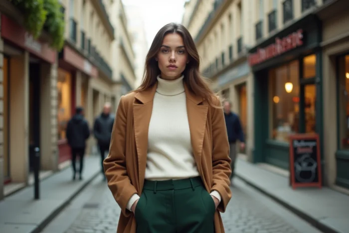 Femme élégante portant un blazer oversize camel et un pantalon large vert forêt dans une rue pavée parisienne, tendances mode automne-hiver