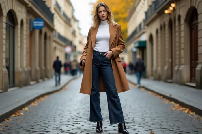 Femme élégante en blazer camel et jean large, tendance mode automne dans une rue pavée parisienne