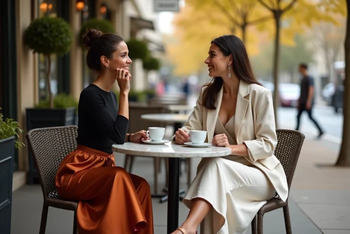 Deux femmes tendance en jupe satin rouille et ensemble lin ivoire attablées en terrasse de café parisien, inspirations mode saison