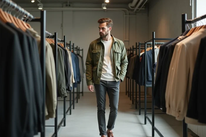 Homme tendance en veste utility verte dans un concept store minimaliste, mode masculine saison actuelle