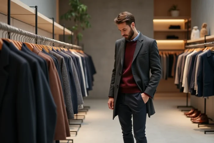 Homme stylé en manteau en laine structuré et pull bordeaux dans une boutique de mode minimaliste au style scandinave, tendances mode masculines