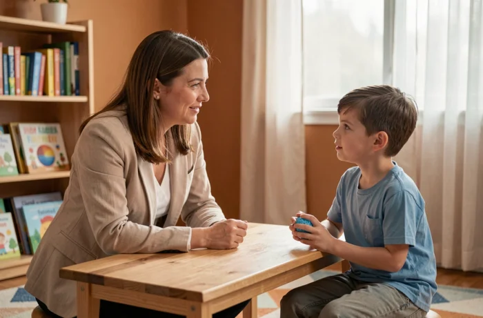 Thérapeute bienveillante en séance avec un jeune enfant dans un cabinet de psychologie, abordant la peur de l'école et la phobie scolaire
