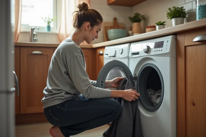 Femme chargeant du linge dans une machine à laver Valberg dans une cuisine aménagée avec rangements bois