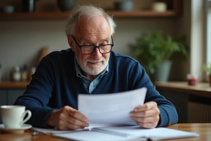 Ancien combattant retraité consultant des documents de retraite mutualiste à son domicile
