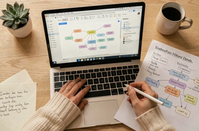 Vue de dessus d'un écran d'ordinateur affichant un sitemap avec des annotations manuscrites sur un bureau minimaliste