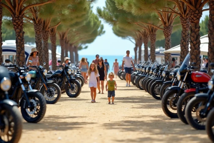 Vue panoramique du show bike de Montalivet avec des rangées de motos custom et des vacanciers en promenade
